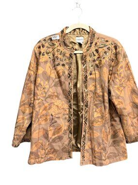 Chico's Womens Overlay Jacket Sz XL Open Front Embellished Netted Leaf Mars